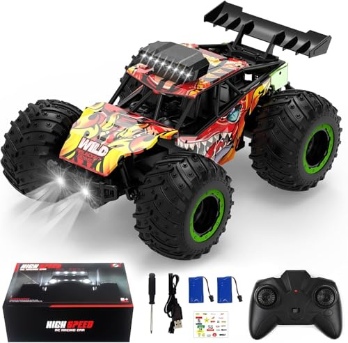 Comius Sharp Coche Teledirigido para Niños, Monster Truck Teledirigido a 20 km/h con 2 Faros y 2 Baterías, Coche RC Todoterreno 2,4 GHz para Niños de 6 a 12 Años