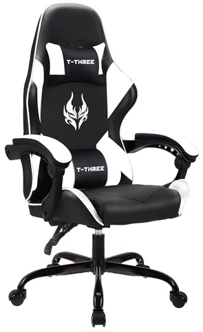 T-THREE.Ergonomic high-back gaming, computer, office, study, swivel, and racing-style chair with adjustable lumbar and headrest support, 150kg weight capacity, ideal for home office(White)