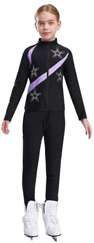 CHICTRY Kids Girls Figure Skating Suit Long Sleeve Ice Skating Jacket with Practice Leggings Ice Skating Pants Set Activewear Light Purple 11-12 Years