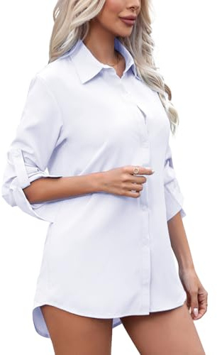 Lancry White Shirts for Women Button Down Oversized Womens Shirts Long Sleeve Ladies White Shirt Business Longline Casual Blouse Top (L)
