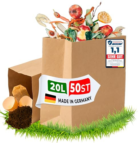 Cartevo Premium Biomüllbeutel 20L - 50 Stück Bio müllbeutel Extra reißfest &Nassfest Biomülltüten Papier für Küche Biomülleimer & Biotonne | Papiertüten plastikfrei, umweltfreundlich & kompostierbar