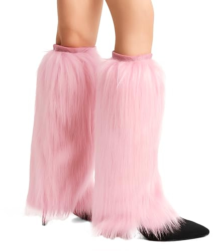 GWAWG 40cm Long Fuzzy Leg And Arm Warmers, Faux Fur Fluffy Boots, Christmas Boot Cuffs, And Rave Music Party Items With Furry y2k Costumes (Rose, One Size)