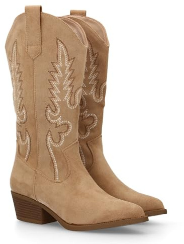 94597 Botas de Mujer Estilo Cowboy, Tacon bajo, comodas y Elegantes. Diseno de Cana 32 cm Bordada Look Casual o de Fiesta, Ideales para Otono Invierno Beige Talla 36