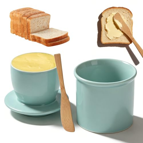BAIFULAI Burriera francese: Burro in ceramica con coperchio e coltello da burro, burro in porcellana Keeper Crock per burro fresco e spalmabile, per conservare burro (azzurro)