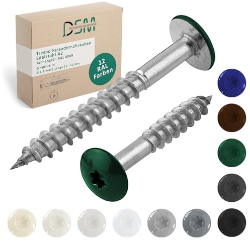 DSM | Trespo Fassadenschrauben 4,8 x 32 mm | Tannengrün RAL 6009 | Edelstahl A2 | Flachrundkopf mit TX-Antrieb | selbstschneidend & korrosionsbeständig | Holzbauschrauben für HPL Platten | 50 Stück