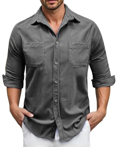 Modeewel Camicia da uomo in velluto a coste, per le mezze stagioni, per la primavera, l'autunno, da uomo, a maniche lunghe, con bottone in corduroy, per il tempo libero, grigio., XL
