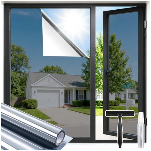 rabbitgoo One Way Window Film Privacy with Tools, Silver 75x300cm | Privacy Film for Glass Windows Heat Reflective Mirror Tint Static Cling Anti Glare UV, Sun Blocker for Home, Office