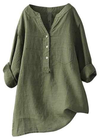 Camicia Donna in Lino Cotone Elegante Curvy Camicie Donna Manica Lunga Estiva Camicie Oversize con Scollo a V Blusa con Bottoni e Tasca Casual da Lavoro Top Camicetta da Spiaggia Tinta Unita Classico