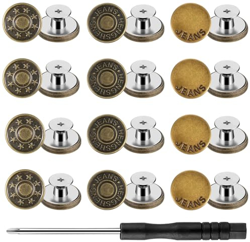 Qianyu 12 stycken byxor, ersättningsknappar, knappstift, 17 mm, utan sömnad, justerbara mässing, jeansknappar, stickor med skruvmejsel, gör-det-själv, metallbyxknapp för reparation av jeans