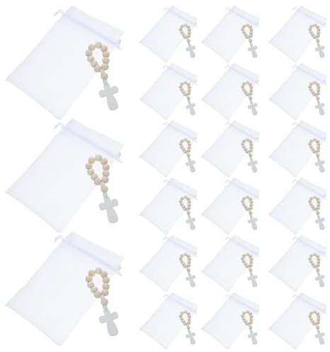 Yardwe Set 40 Pezzi Braccialetti Rosario Battesimale con Perline in Legno Liscio e Sacchetti a Rete Chiari, Bomboniere Religiose con Ciondoli Croce Cattolica per Battesimo e Prima