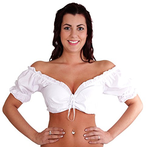 Trachtl.de - Ertex GbR Blusa tirolesa para traje regional en blanco con cordón (blusa carmen), Blanco, 36