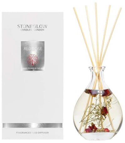 Stoneglow Nature's Gift Red Rose Scented Reed Diffuser 180ml, Lasts 14 Weeks, 12 Rattan Reed Diffuser Sticks, Refillable & Reusable, Premium Air Freshener, Rose, Geranium & Musk Notes