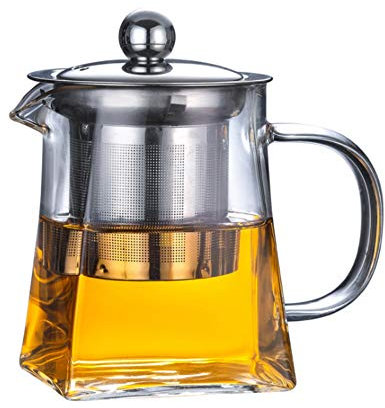 Teiera in vetro con infusore e coperchio in acciaio inox, in vetro borosilicato, teiera quadrata in vetro 350ML/12oz