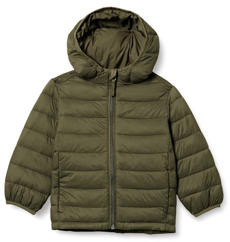 Amazon Essentials Boys' Lightweight Water-Resistant Packable Hooded Puffer Jacket, Insulated, Dark Olive, Large