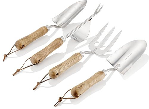 Kingswood Green® 4-Piece Garden Tool Gift Set | Ash Wooden Handles | Trowel, Hand Transplanter, Weeder & Fork | Made with Stainless Steel