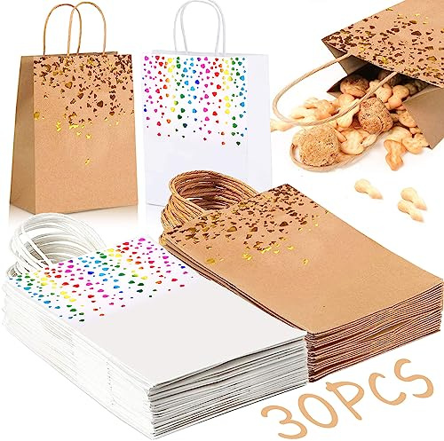 MOOING 30Pcs Sac de Kraft,Papier Kraft Avec Poignée,Pochettes Cadeaux Recyclable,Bronzage Krafts Sac Cadeau pour Noël Mariage Anniversaire Fête (Blanc/Marron)