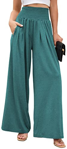 Famulily Women’s Trousers Plus Size Loose Fit Fashion Flared Pants Wide Leg Elastic Waist Pajamas Lake Blue XL