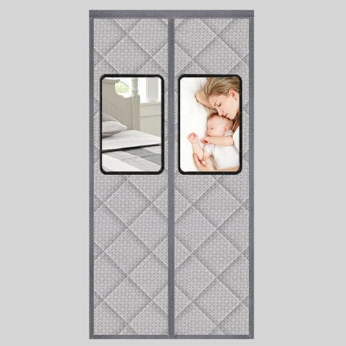 WHYATT Tür Vorhang, Thermovorhang kälteschutz, Winddicht, Kryptomagnet, Mit Sichtfenster, Geeignet für Vorder- und Hintertüren(Gray,70.9 X 82.7in(180 X 210cm))