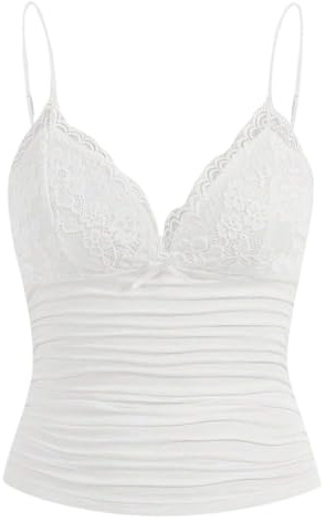 Naileksi Débardeur Y2k avec Bordure en Dentelle et Bretelles Spaghetti, col en V, nœud froncé, Patchwork, Blanc, Taille S