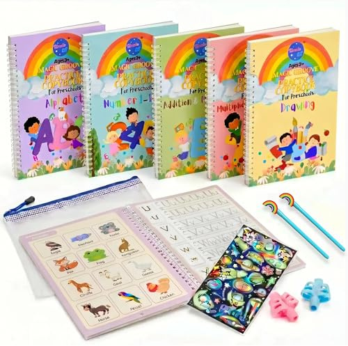 UNCLE EJ Magisches Übungsheft Vorschule ab 3 Jahren - Wiederverwendbares Schreiblernheft mit Zauberstift, inkl. Leuchtsticker, Jungen & Mädchen - Buchstaben & Schreiben lernen (5er Set)