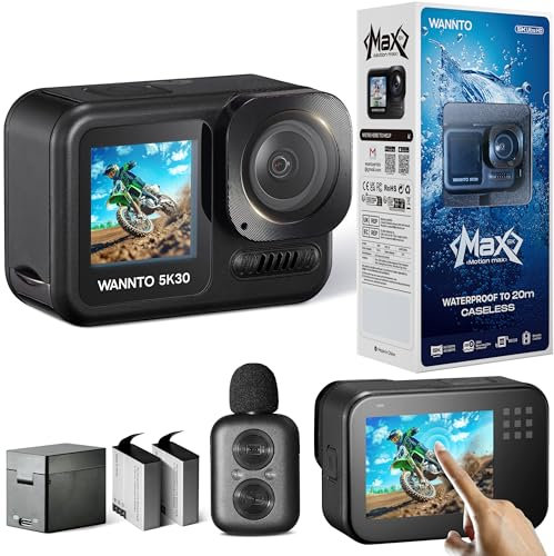 WANNTO Action cam Motion Max 5K 30MP,IPX8 20M Corpo Impermeabile videocamera subacquea WiFi EIS Touch Screen, con 2in1 Senza Fili Microfono Controllo Remoto (Motion Max)