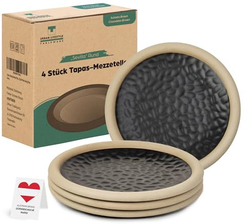 Urban Lifestyle Juego de 4 Platos de Postre Redondos de Cerámica Ø 15 x 2,5 cm – Platos Rústicos de Tarta y Desayuno en Color Marrón Chocolate
