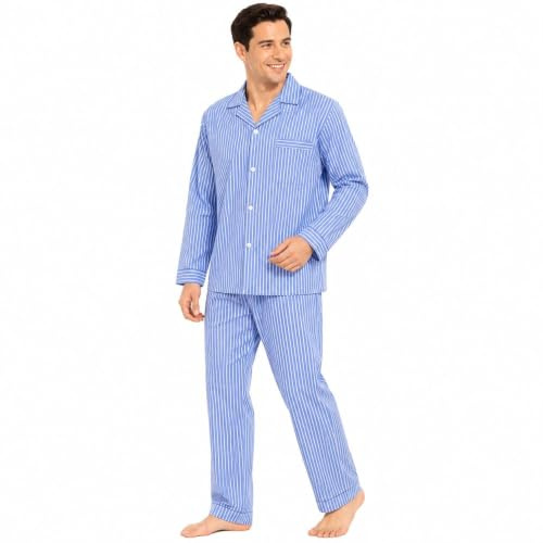 Keanu Men's Woven Pyjamas Set - Long Sleeve Button Down Shirt with Chest Pocket and Straight Leg Pants - Elasticated Waistband - Classic Nightwear - Size L - Blue Stripe