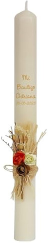 Vela (CIRIO) Bautizo para NIÑO O NIÑA, DE Cera BEIG. Medida 3x30 CM Decorada con Pick Floral (RÚSTICO)