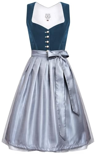 DIRNDLSTERN Abito Dirndl Donna Midi - Gonna Tradizionale in Velluto con Grembiule Oktoberfest Costume Outfit Blu 36