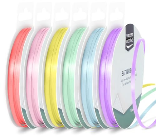 Vaessen Creative Satinband 3 mm x 10 m - Doppelseitiger Schleifenbänder und Dekoband zum Basteln - Geschenkband und Stoffbänder für Deko und Schateln - Pastell Farben Bunt - 6 Stück