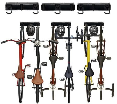 Support Mural pour vélos Relaxdays, 4 vélos et Casques, Vertical, Rails avec Crochets Ajustables, Noir