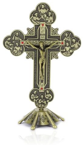 Gugxiom Gesù croce Statua Crocifisso color bronzo con base stabile, croce Gesù Cristo in piedi, decorazione da tavolo in metallo, per cattolica