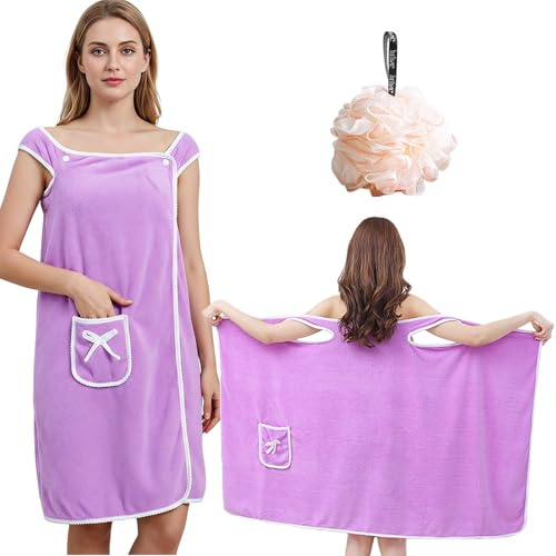 ZenyTra Peignoir extra large en tissu éponge absorbant - 80 x 145 cm - Peignoir doux pour femme avec poches - Pour sauna, piscine et bien-être - Grande taille XXL - Violet - Avec ballon de douche