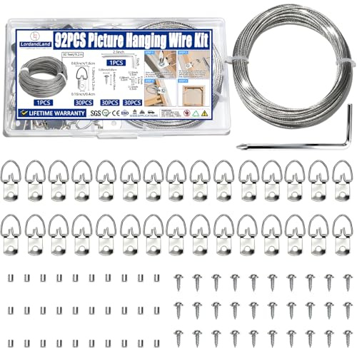 92PCS Picture Hanging Kit - 30 Feet Braided Hanging Wire, 30Pcs D Ring Picture Hangers with Screws and 30Pcs Aluminum Crimping Loop Sleeve for Canvas Paintings, Photo Frames