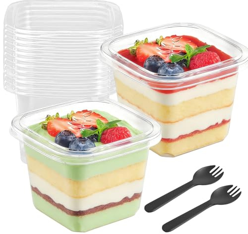 50 vasos de postre de plástico con tapa, 360 ml, vasos de postre, rectangulares, de plástico, con cucharas, cuencos de postre, reutilizables, parfait, aperitivos para tiramisú, postres, pudding mousse