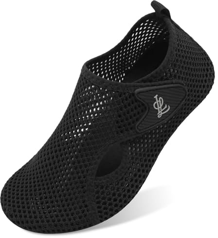 JIASUQI Wide Swim Water Shoes for Women Men Quick Dry Barefoot Aqua Socks for Beach Diving Boating River Outdoor Water Sports(LK-Black,Size UK 6.5-7)