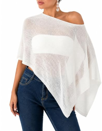 WADUBI Poncho en Maille Transparente pour Femme, Top Cape en Crochet Léger, Cache-Maillot Fluide à Ourlet Asymétrique, Châle de Plage Style Bohème, Blanc Ivoire