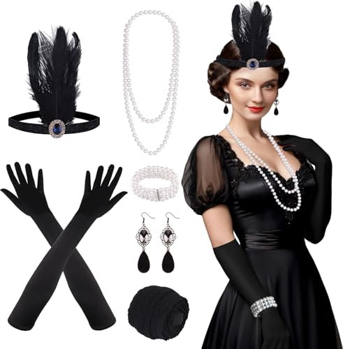FEPITO 9 PCS 20er jahre great gatsby accessoires damen 1920er jahre kostüm zubehör set mit Stirnband, langen schwarzen Handschuhen, Halskette, Ohrringen für Damen