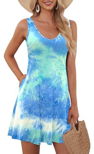 AUSELILY Vestido de Verano sin Mangas para Mujer Teñido Azul Verde Blanco L
