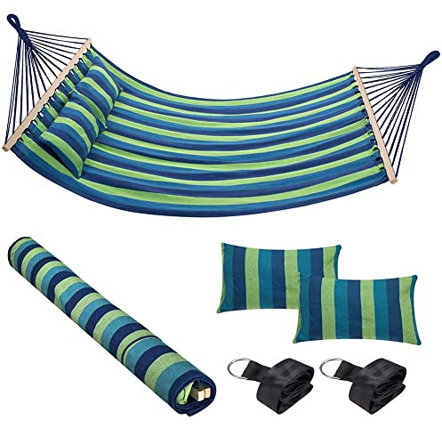 Bakaji Hamac de Jardin Double 2 Places 232 x 148 cm Barres transversales en Bois Revêtement en Poli Coton avec 2 Coussins et Sangles Design Moderne pour Jardin Terre Camping (Bleu)