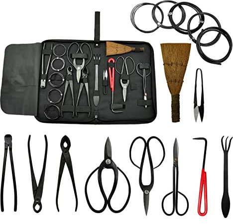 Voilamart Ensemble d'outils pour bonsaï – Kit de 16 pièces avec 4 ciseaux, 3 cutters, 1 crochet, 1 râteau, 1 balai, 5 fils – Cadeaux de jardinage pour homme et femme