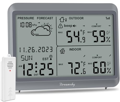 DreamSky Weather Station Indoor Outdoor Thermometer Wireless - Atomic Clock with Indoor/Outdoor Temp, Date & Day, Battery Powered, Home Weather Forecast Clock with Inside Outside Temperature Humidity