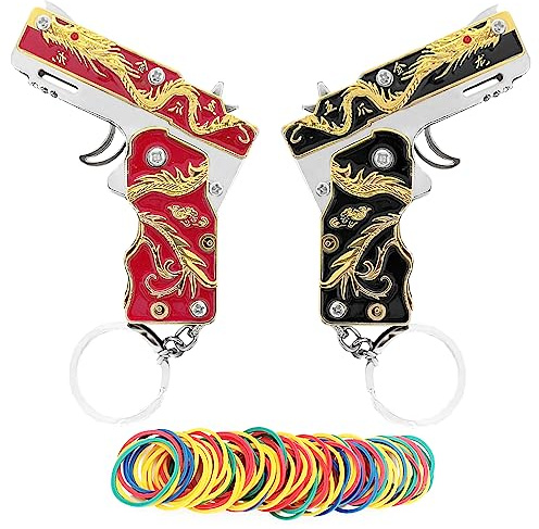 2pcs Rubber Band Gun Toy Mini Golden Dragon Metal Foldable Keychain: Creative and Fun Outdoor Party with Colored Rubber Bands