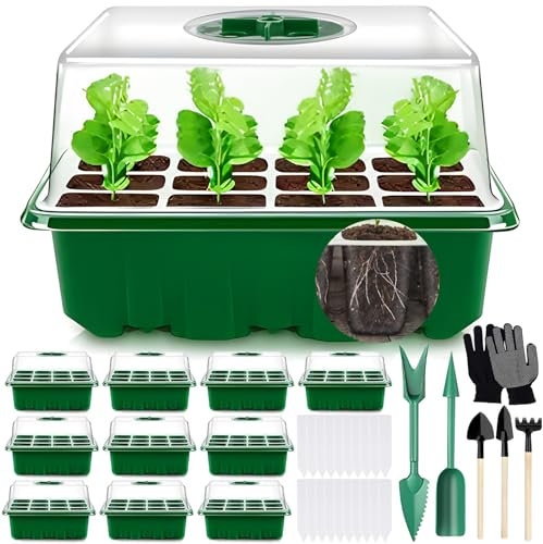 MOYKSRR Mini Serre pour Plantes, 10 Pièces 120 Cellules Intérieure Plateau Semis avec Dôme De Ventilation Et Socle, 20 étiquettes De Plantes, Serre Intérieure Pépinière Boîte Propagateur Jardin
