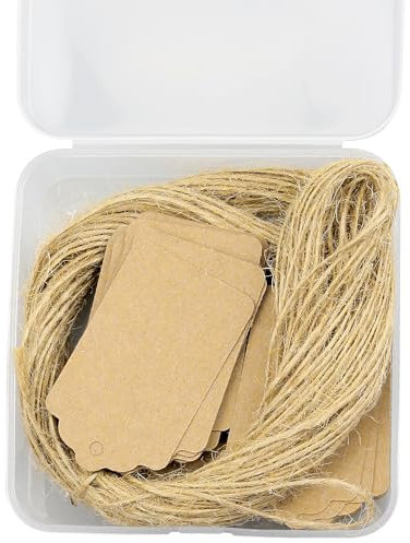 Tabanzhe Kraft Gift Tags 100 DIY Brown Labels, Blank Parcel Labels, (3 X 5 Cm) Mini String Price Tags with Jute Cord for Weddings, Crafts and Decorations