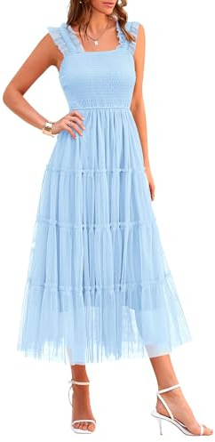 PRETTYGARDEN Women's Summer Midi Tulle Dress Sleeveless Smocked Square Neck Ruffle Flowy Party Wedding Guest Sundress (Light Blue,Medium)
