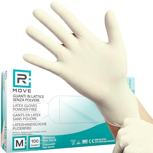 R MOVE 100 Guanti in Lattice monouso 5,7gr senza polvere, alta sensibilità sia al tatto che al palmo, guanti usa e getta in lattice, dispostivo medico (100, M)