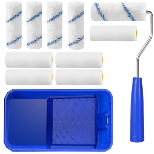 TAIXING Lot de 12 Rouleau Peinture Kit, 10cm Mini Petit Rouleau Peinture avec Manche, Rouleau de Peinture Rouleau Laqueur en Microfibre Rouleau Peinture Mousse avec Bac à Peinture
