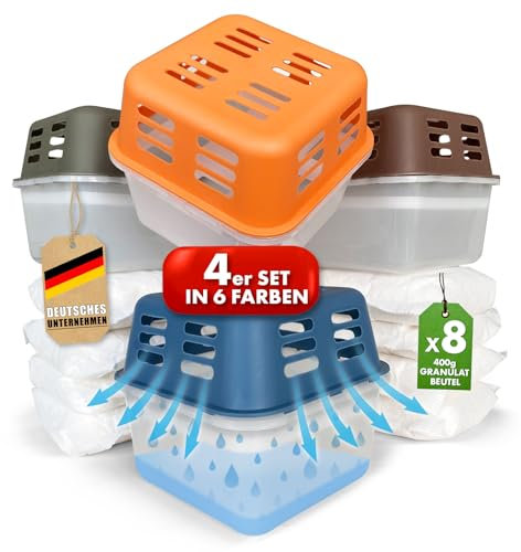 KARAT Lot de 4 déshumidificateurs avec 8 sachets de recharge de 400 g de granulés rechargeables et réutilisables (bleu, Kuki)