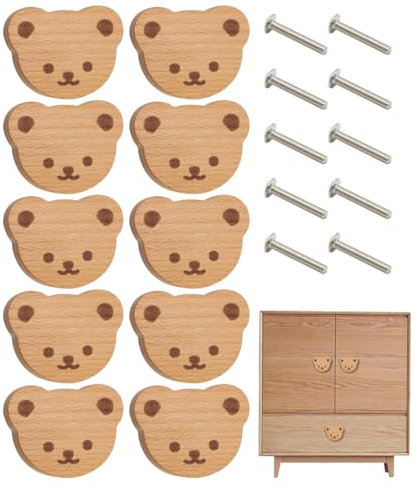 Lot de 10 boutons d'armoire, poignées de tiroir en forme d'ours, boutons d'armoire pour chambre d'enfant, boutons d'animaux mignons en bois, boutons de meubles avec vis pour porte, tiroir, commode